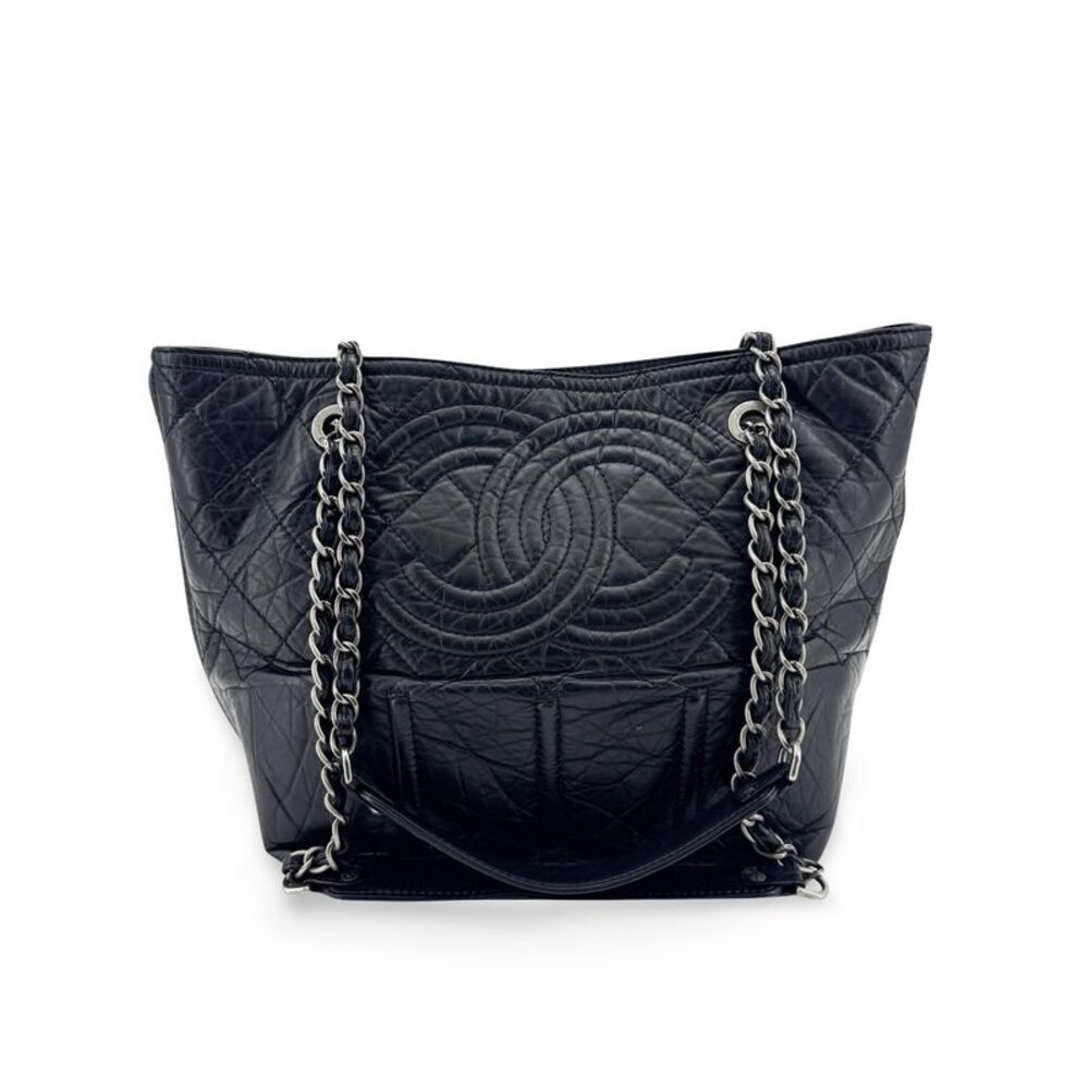 Chanel Cc Crave Quilted Glazed Caviar Black Leather Tote Bag Bag